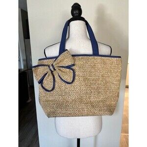 Kate Spade Large Belle Place Straw Bag with Blue Leather Trim Pool Vacation